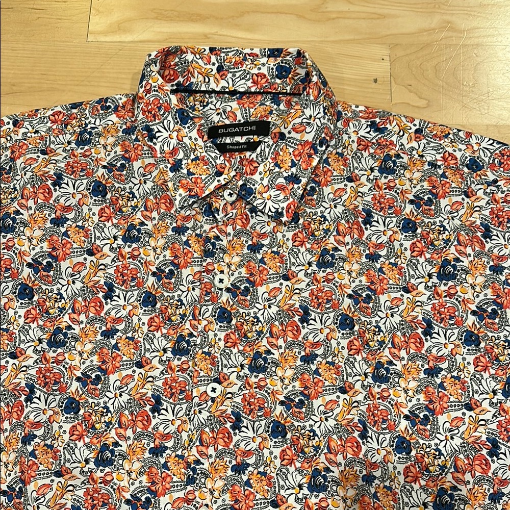 Bugatchi Orange and Blue Casual Button Down Shirt Floral Pattern Shaped Fit